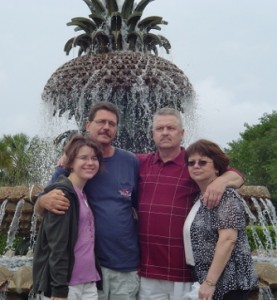 Carrie, Brian, Ken and Bonnie in front of Pineapple Fountain at Waterfront Park, Charleston.